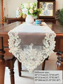 1pc 100% Polyester Mesh Fabric Table Runner, Delicate 3D Embroidery, Lace Trim, Luxurious Vintage Style, Can Be Used As Kitchen/Dining Table Runner, Placemat, Tablecloth, Picnic Mat, Gift, Home/Party/Wedding/Outdoor Decor, Available In Multiple Sizes - Multicolor - View 4