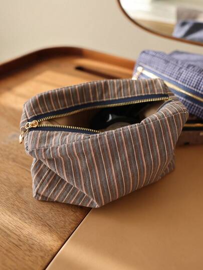 Japanese Style Plaid Striped Fabric Makeup Bag, Multifunctional 3D Zipper Storage Pouch, Travel Portable Cosmetic Bag, Clutch Bag Inner Sleeve School Supplies Travel Essentials Make Up Bag Holiday Essentials Makeup Bags Makeup Pouch Makeup Organizer Holiday Winter Leopard Print Sausage Dog Women Gifts For Women Back To School Supplies