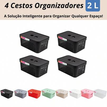 Kit 4 Cestos Organizadores c/Tampa Rattan 2 litros Multiuso Ideal para armário e gavetas LP HOUSE