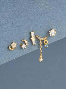 5pcs/4pcs Turquoise S925 Sterling Silver Hoop Stud Earrings Women Fashionable Jewelry Set - Gold - View 4