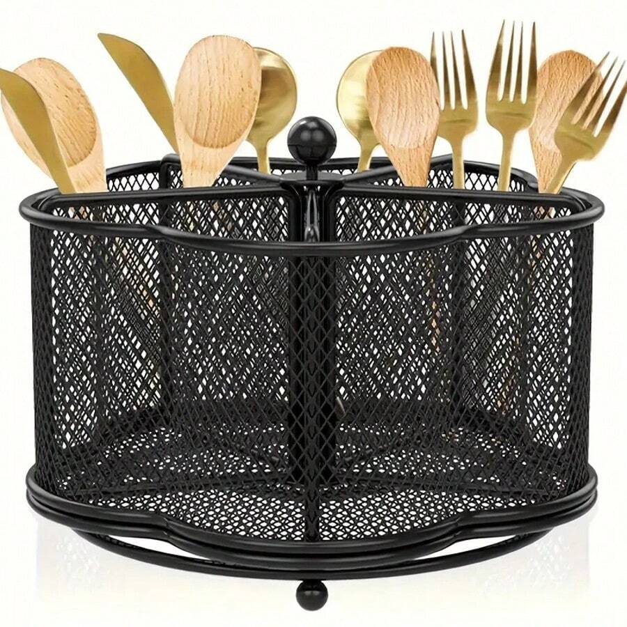 TAIMASI 360° Rotating Metal Utensil Holder, 5 Compartments Cutlery Organizer For Kitchen Dining Tables - 1 Piece - 黑色 - 查看 1