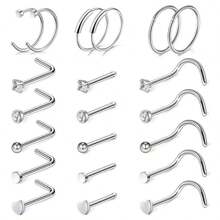 10/12/20/21 Pcs Hypoallergenic 316L Surgical Stainless Steel Nose Rings Hoops - Silvery Nose Piercings - L Shape And Corkscrew Nose Rings