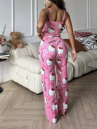 Sanrio 2pcs Hello Kitty Print Women's Camisole Crop Top + Elastic Waist Straight Pants Cute Pajama Set