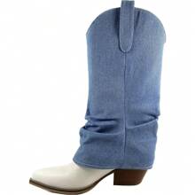 ARiderGirl Branded Women's Mid-Calf Denim Fold Over Snip Toe Stacked Heel Rhinestone Embellished Western Boots