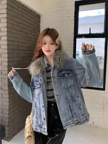 Chaqueta De Jeans Para Mujer Con Acabado Desgastado Moderno Y Botones,Chaqueta vaquera interior de felpa de manga larga para mujer,Chamarra de Mezclilla, Apuesta por un Look Único y Elegante,para primavera/otoño,Cazadora de Mezclilla Crop con Diseño de Solapa para Mujer Dama Sexy de Moda, Chamarra de Mezclilla para Mujer, Chaqueta Vaquera, Chamarras de Mujer, Chaquetas, Abrigo, Chaquetilla de Moda. - Azul - Ver 2