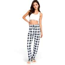 Women's Plaid Flannel Lounge Pants With Elastic Waistband And Adjustable Drawstring - Black - View 3