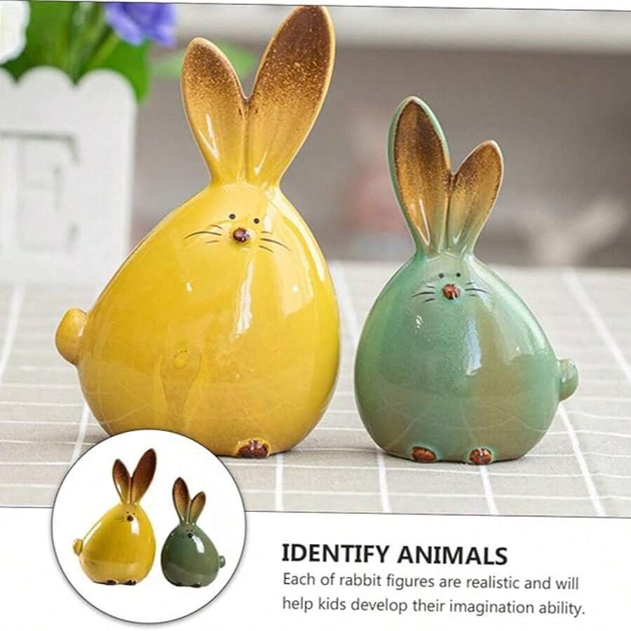 2 piezas Figuras de conejo de Pascua de cerámica, estatuas de conejo para decoración de mesa de fiesta de Pascua y decoración interior de automóvil - Multicolor - Ver 1