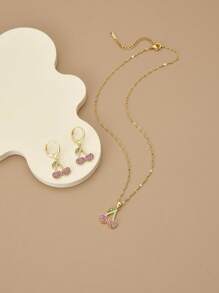 3件套紫色樱桃全水钻不锈钢可爱甜美项链和耳环套装女士 - 金黃色 - 查看 3