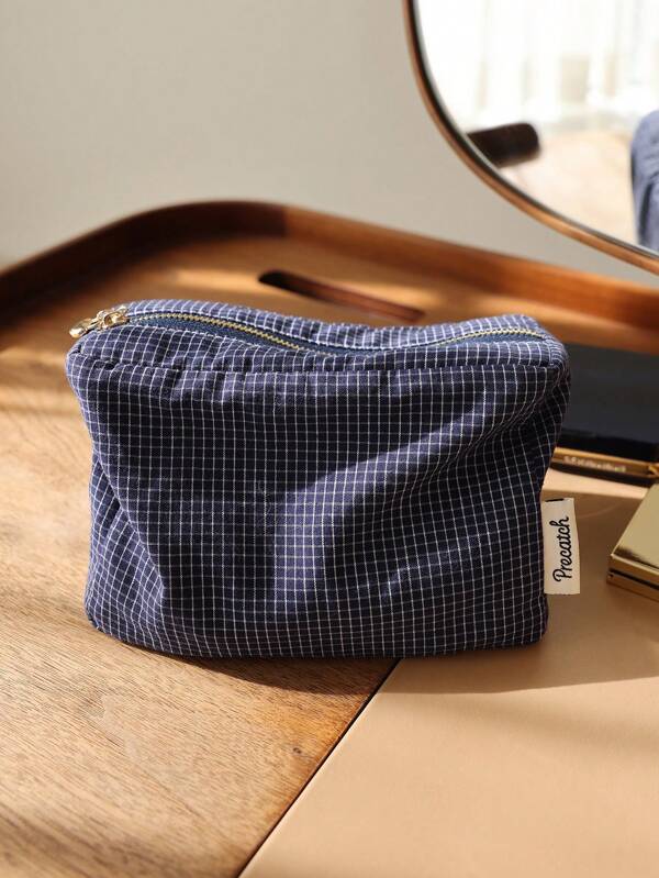 Nécessaire Estilo Japonês em Tecido Xadrez e Listrado Multifuncional com Zíper, Bolsa Portátil de Viagem com Forro Interno, Suprimentos Escolares, Essenciais de Viagem, Bolsa de Cosméticos, Bolsa de Maquiagem, Organizador de Maquiagem, Presentes de Férias de Inverno com Estampa de Leopardo e Cachorro Salsicha para Mulheres