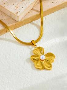 1 Set Antique Gold Plated Asymmetrical Flower Pearl Decor Stainless Steel Earrings & Necklace Jewelry Set - Flowers - View 7