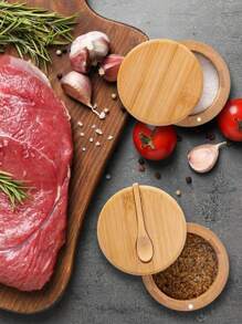 Bamboo Salt & Spice Storage Containers With Magnetic Rotating Lid And Spoon, Bamboo Organizer Box For Salt, Pepper, Spices, Sugar, 6oz