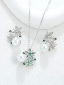 3 件套优雅铜方晶锆石花朵和珍珠耳环、吊坠项链首饰套装，非常适合新娘、婚礼、订婚、派对 - 耳環項鍊三件套裝 - 查看 15