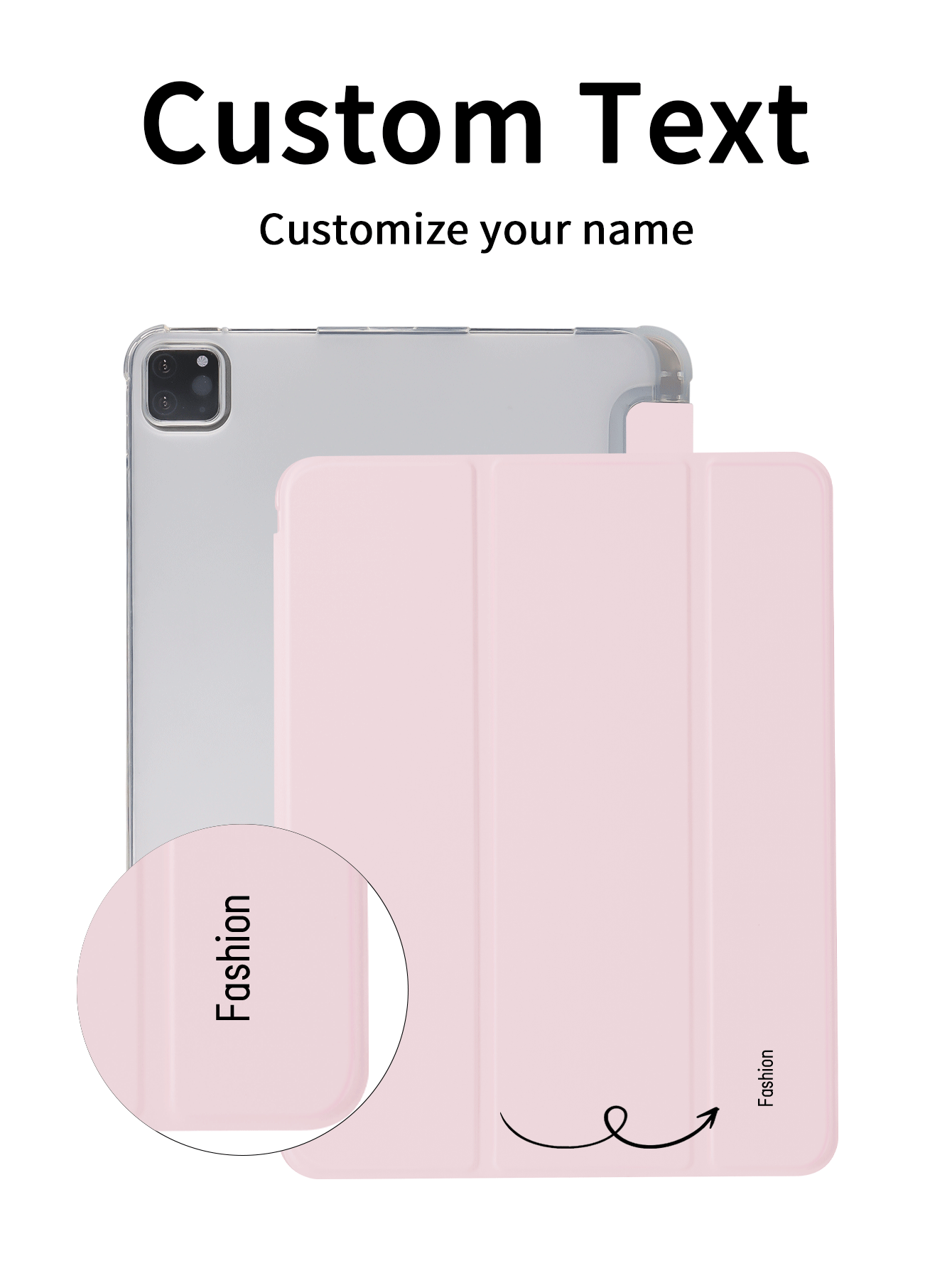 Customized Text Flat Tablet Case, Pink Solid Color, Suitable For IPad Mini4/Mini5/Mini6/Mini7, IPad A16 2025, Air 11 13 M2 M3 Pro 11 13 M4 2024, Air 4 5 10th 10.9, Pro 11 9th 8th 7th 10.2 4th 5th 6th Model A8, Customized Text, Tri-Fold Stand, Built-In Pencil Slot, Soft Edge Full Coverage, Minimalist Casual Classic TPU Soft Shell IPad Flip Tablet Case. Note: The Final Font Style Is Subject To The Physical Image, And There May Be Slight Color Differences. - Pink - View 3