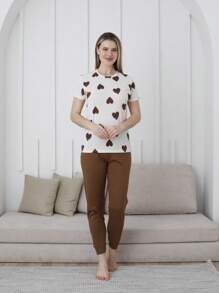 Mirano Women Heart Print Round Neck Short Sleeve Top And Pants Pajama Set - Brown - View 2