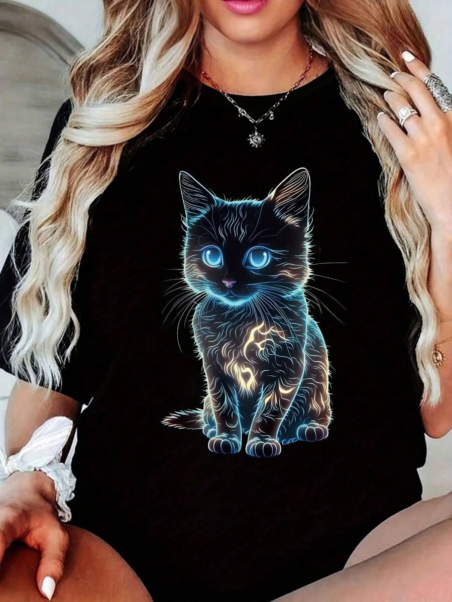 Camiseta de Talla con Estampado de Gato, Camiseta Casual de Cuello Redondo y Manga Corta, Ropa de Talla para Mujeres - Negro - Ver 1