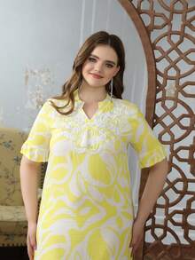 斋月阿拉伯风格优雅印花 Jalabia 女士连衣裙，传统设计，2025 年春夏