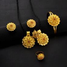Juego de joyería con diseño geométrico de color dorado - Colgante, aretes, anillo y pulsera con diseño de flor, regalo para damas africanas o de Dubái en bodas y fiestas