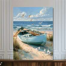 1 Pc Tranquil Light Blue Rowboat Beach With Seagulls Canvas Posters - Unframed Coastal Wall Arts For Living Room, Bedroom Or Hallway, Beach Themed Decor, Great For Room Decor - Multicolor - View 11