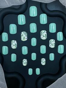 Conjunto de 24 parches decorativos de uñas con diseño de flores verdes claras y hojas verdes, estilo europeo y americano, parches de arte de uñas falsas que cubren por completo, suministros de arte de uñas, conjunto de uñas versátil para uso diario, adecuado para mujeres de oficina, fiestas, citas y uso diario para decorar tus uñas y realzar tu gusto fashionable