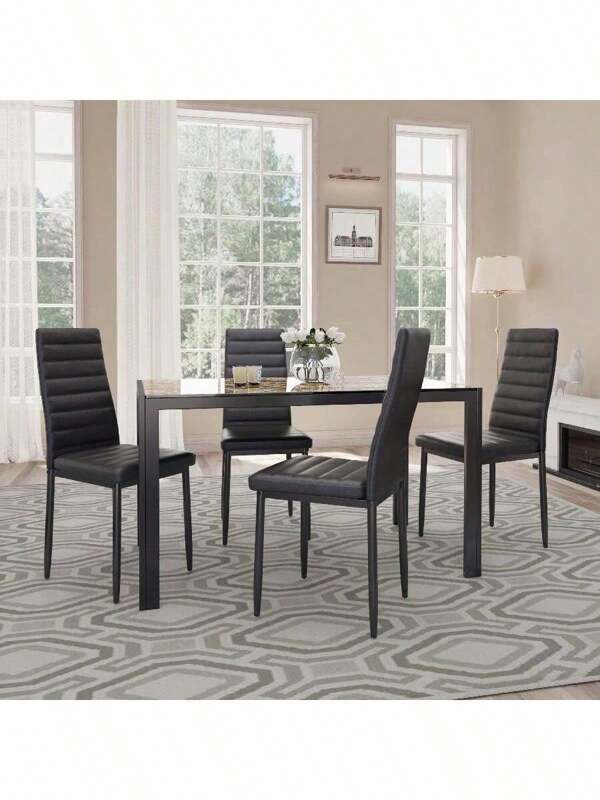 5 pezzi per 4 set da tavolo da pranzo con piano in vetro, set in pelle PU con schienale alto per cucina, soggiorno, sala da pranzo