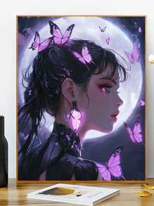 Pintura personalizada de la niña mariposa bajo la luz de la luna, pintura de números al óleo sin marco, regalo de cumpleaños, desarrollo de inteligencia, festival, sin fondo de dibujo requerido, se puede usar como arte de pared, fácil de completar una hermosa obra de arte