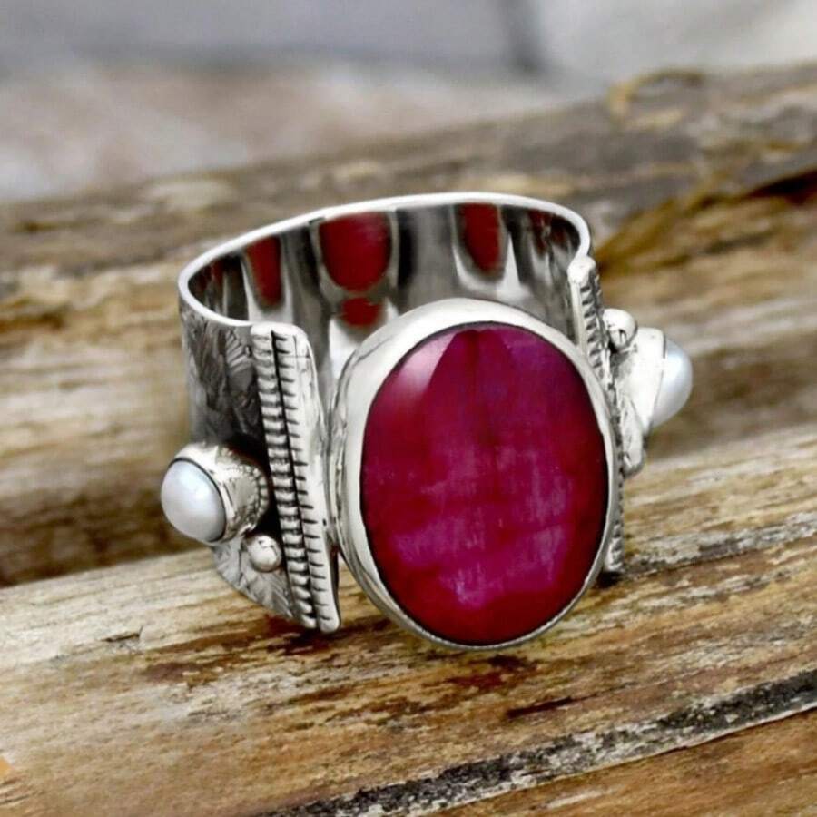 Retro Wide Band Ring With Red Cubic Zirconia, Engagement/Wedding Ring For Bride, Thoughtful Anniversary/Birthday/Christmas/Valentine's Day/Mother's Day Gift,Mom,Mother,Mother's Day,Gift