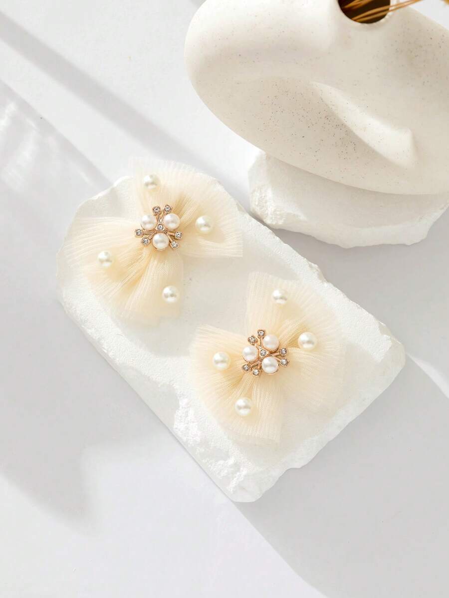 2pcs/Set Pearl & Tulle Bow Kids Hair Clips