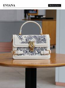 Women's Fashion White Tote Bag With Floral Embroidery In Leather, Square Clasp Closure, Women's Bag 2025 Spring/Summer, Shoulder Strap Crossbody Commuter Handbag