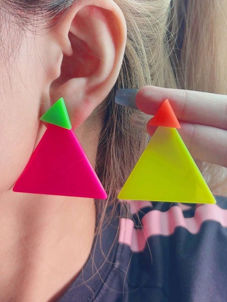 1 Pair European & American Design Color Block Triangle Shaped Hip-Hop Style Earrings For Women - Design Contrast Color AB Triangle - View 1