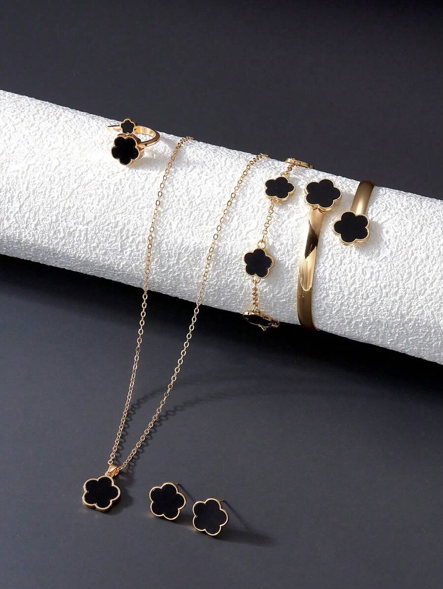 6pcs Sparkling Lucky Flower Jewelry Set, Including Bracelet, Necklace, Ring, Earrings, Suitable For Women, Daily Wear, Great Gift For Girlfriend, Best Friends, Valentine's Day Valentines,Mom,Mother,Mother's Day,Gift