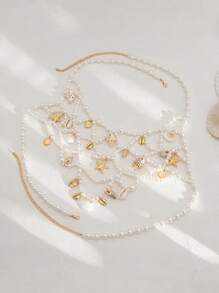 1pc Bohemian Fashion Baroque Faux Pearl Multilayer Tassel Sexy Body Chain, Vintage Ocean Element Starfish Shell Conch Pendant Tassel Waist Chain And Vest Chain, Women Beach Resort Decor Body Jewelry