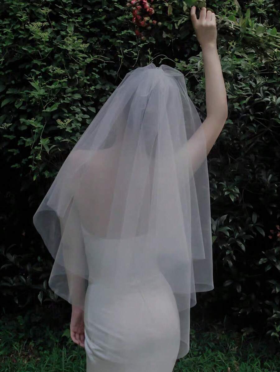 1pc Tulle A Double Layered Bridal Plain Style Short Headband,Wedding Dress For Bride - White - View 1