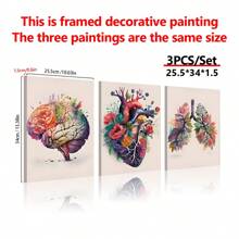 3 件现代艺术帆布墙饰套装 - 带花卉装饰的解剖心脏、大脑和肺，帆布水彩画，适用于客厅、卧室、家庭办公室 - 帆布画（带框）礼物生日毕业 - 多色 - 查看 16