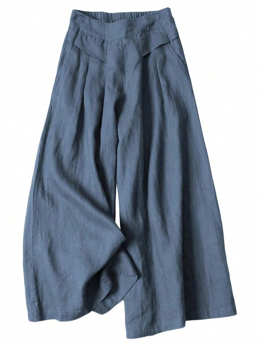 Linen Pants For Women Culottes Capris Wide Leg Palazzo Boho Pants Trousers - Màu xanh lam - Xem 1