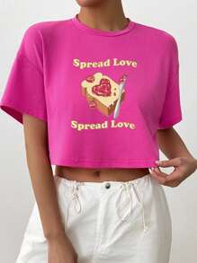 Women's Strawberry Jam & Toast Print Pattern Loose Round Neck Short Sleeve T-Shirt, Suitable For Summer, Rose Red - Hot Pink - View 3