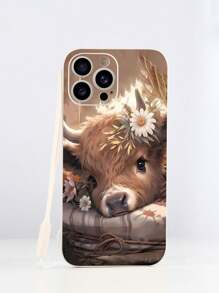 1pc White TPU Cute Cow Pattern Shockproof Phone Case And 1pc White Silicone Wrist Strap Waterproof Anti-Fall Scratch Resistant