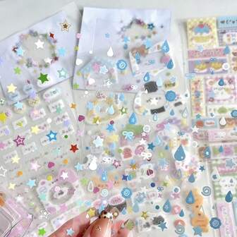 8个装可爱卡通标签边框文字剪膜贴纸双透明星星手账装饰材料学校用品返校