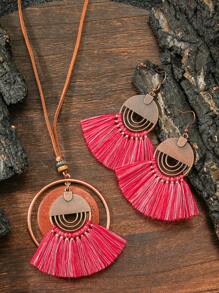 TopHanqi 3 件复古风格扇形几何流苏耳环项链套装，PU 皮革长项链，适合日常佩戴、派对、节日礼物