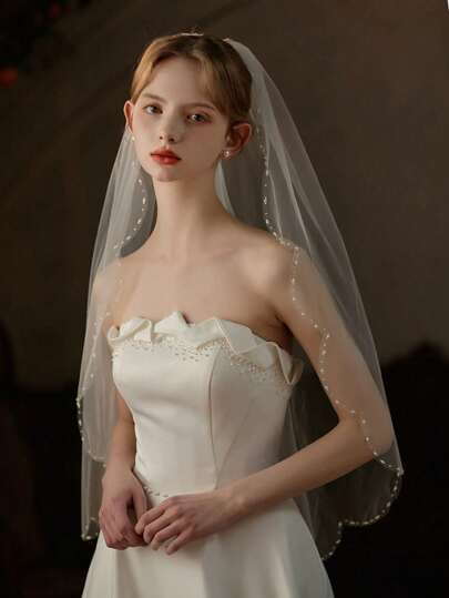 1pc Elegant Bridal Veil, Handmade Pearl Crescent Shaped Wedding Hair Accessory With Comb, Romantic & Delicate Face Veil