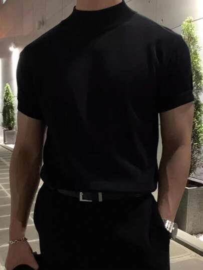 Camiseta de punto de cuello redondo de manga corta y unicolor, estilo Old Money para hombres