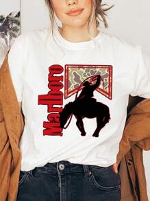 Retro Western  Graphic Print T-Shirt, Short Sleeve Crew Neck Casual Top For Summer & Spring, Women's Clothing