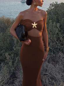 Abito da donna alla moda, lungo e attillato, con decorazione a forma di stella marina forata, elegante abito da sera o da cocktail per eventi, cerimonie e feste, con schiena scoperta e stile Y2K, adatto per la primavera, l'estate e l'autunno