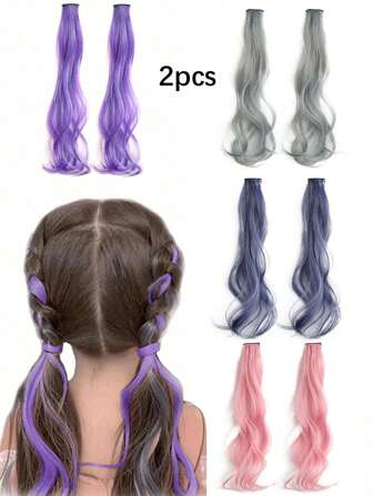 2pcs Kid's Elegant Long Curl Wigs, Dyed Color Clip-In Synthetic Hair Extensions, Complete Wig For Girls, Suitable For All Hairstyles, Perfect For Daily Use And Parties
