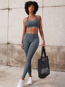 VOYJOY Women's Sports Leggings Seamless Scrunch Butt Leggings High Waist Booty Lifting Butt Push Up Gym Sports Pants Black - 暴風灰 - 查看 8