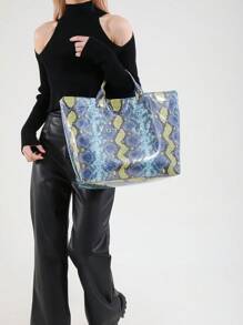 Large Capacity Snake Skin Textured Retro Handbag, Fashion Versatile Tote Bag With Crocodile Print, Suitable For Women's Office, Commute, Daily Outing, Shopping, Mommy Bag, Travel Bag, Unisex Large Carry-On Bag, Autumn/Winter - Multicolor - View 4