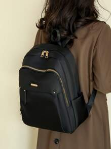 Kvinnors mångsidiga enfärgade Casual Ryggsäck, Mode Stor kapacitet Preppy vattentät skolväska för mellanstadie- och gymnasieelever, Bärbara väskor med flera fack för utomhusbruk, resor och affärspendling - Svart - Visa 4