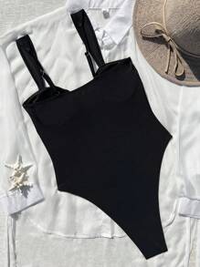 女士金属花朵装饰黑色性感修身连体泳衣，度假款