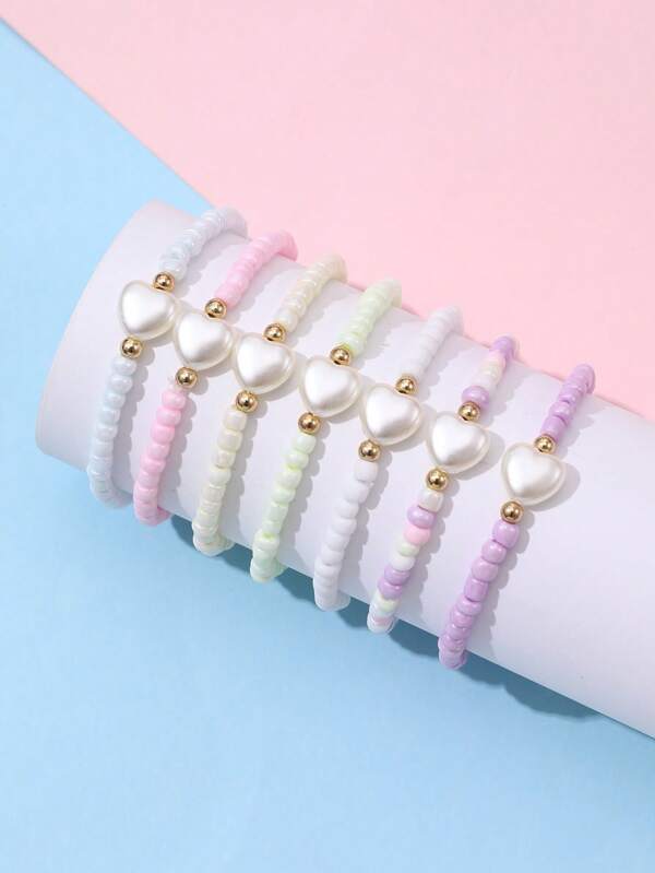 7pcs/Set Girls' Colorful Beaded Heart, Star, Butterfly Charm Bracelets, Decorative For Everyday Wear