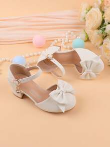 Girls Flower Embellished Chunky Heel Formal Dress, Suitable For Flower Girl, Dance, Wedding, Party, Ballet, Everyday Wear. White Color, Girls Hook And Loop Strap Dress Shoes For Children Of All Sizes