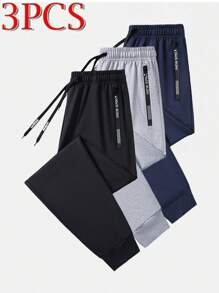 3pcs Men's Drawstring Elastic Waist Jogger Sweatpants, Lightweight Flexible Sports Trousers, Breathable And Minimalist Design